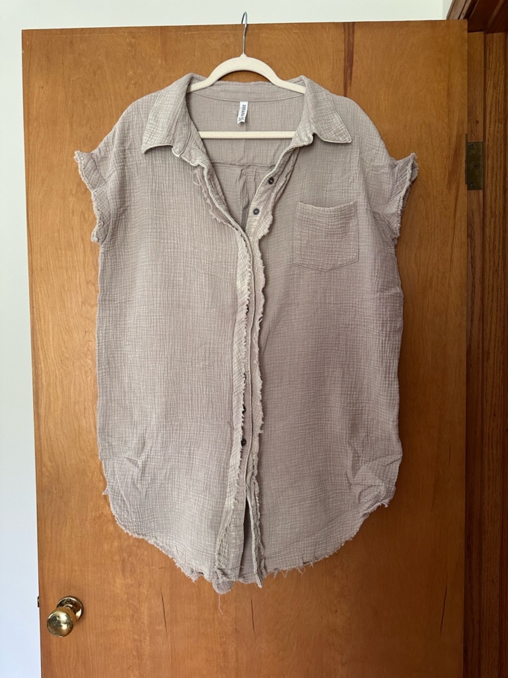 ZENANA Light Taupe Gauze Button-Front Women's Top